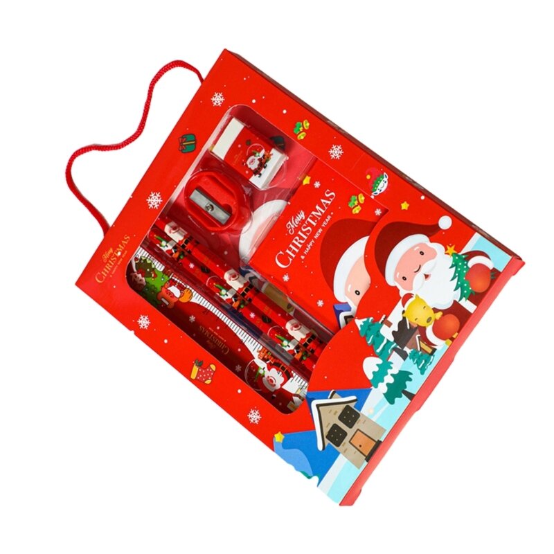 6PCS Kerstbriefpapier Set Kerstcadeau voor kinderen, Kerstpotloden, Pad voor kleine notities, Gummen, Linialen, Puntenslijpers