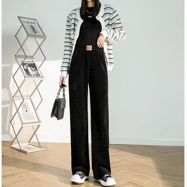 Nowe damskie 2023 jesienno-zimowa moda damska eleganckie spodnie sztruksowe dorywczo ciepłe spodnie z wysokim stanem solidne spodnie szerokie nogawki R36
