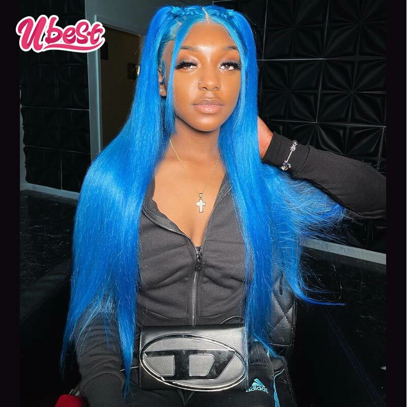 613 Blue Colored Straight Lace Front Wig Human Hair 13x6 Transparent Lace Frontal Wig Blue Pre Plucked Closure Wigs For Women