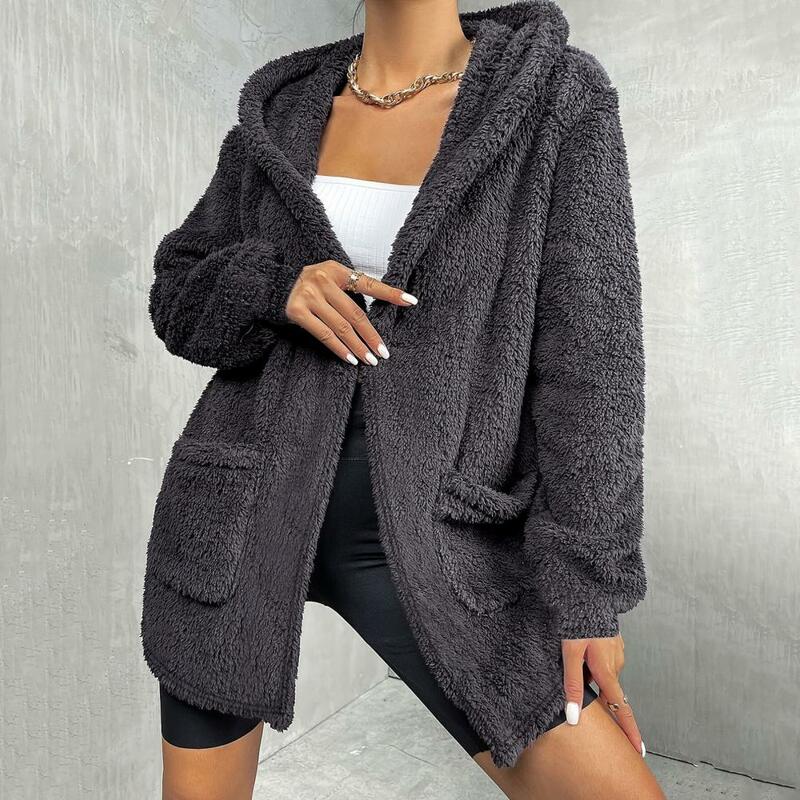 Женское плюшевое пальто, уютный кардиган средней длины с капюшоном для женщин, женская верхняя одежда свободного кроя, однотонный стиль с открытой передней частью