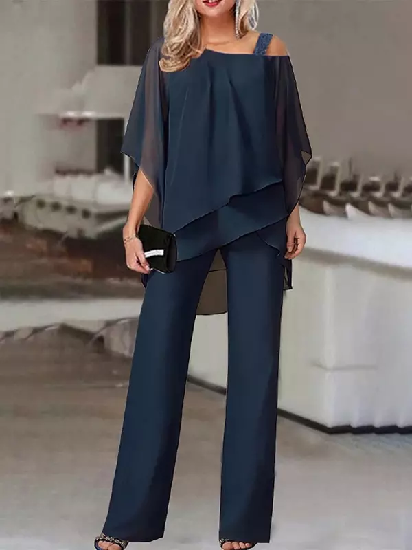 Новый стиль, подходящая серия, Модный женский топ с рукавом летучая мышь и открытыми плечами, элегантные брюки, Женский комплект из двух предметов