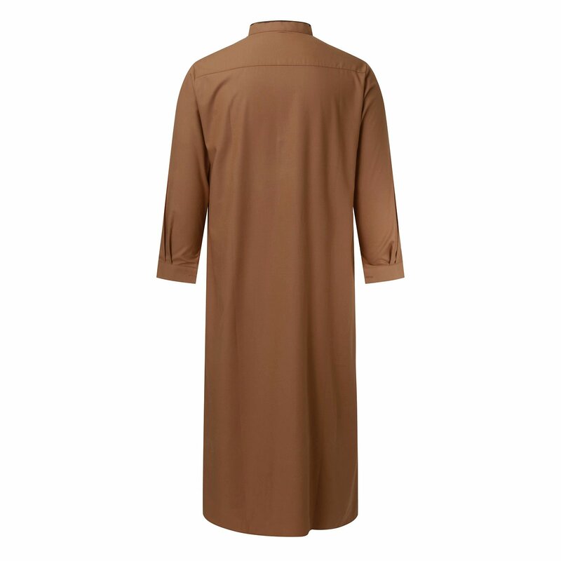 Jubba Thobe musulmán de manga larga para hombre, batas transpirables de Color sólido con bolsillo, cuello levantado, caftán árabe islámico, bata islámica de moda