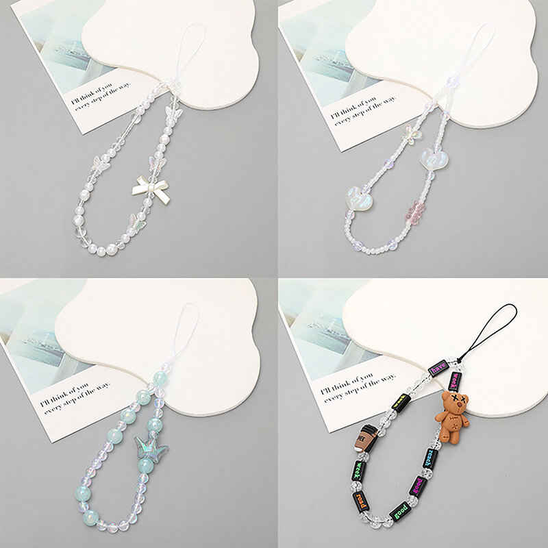 Cute Bear Pearl Beaded Phone Chain Lanyard For Women Simple Bowknot Charm Cellphone Case Strap DIY Jewelry Accessories