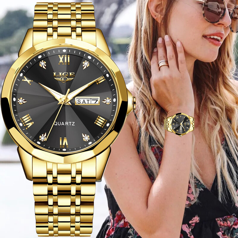 LIGE-Relógio de quartzo feminino com pulseira de aço inoxidável, relógio de pulso feminino, luxo, ouro, preto, clássico, caixa, marca superior