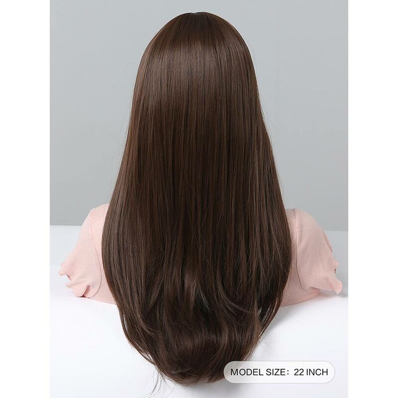 Wig hair set bangs brown long straight hair rose mesh matte high temperature silk