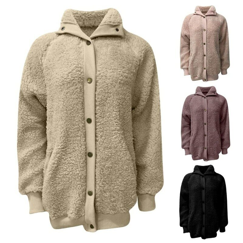 Women Long Sleeve Fleece Coat Sherpa Fuzzy Faux Shearling Lapel Collar Button Down Winter Warm Oversized Outwear Dropship