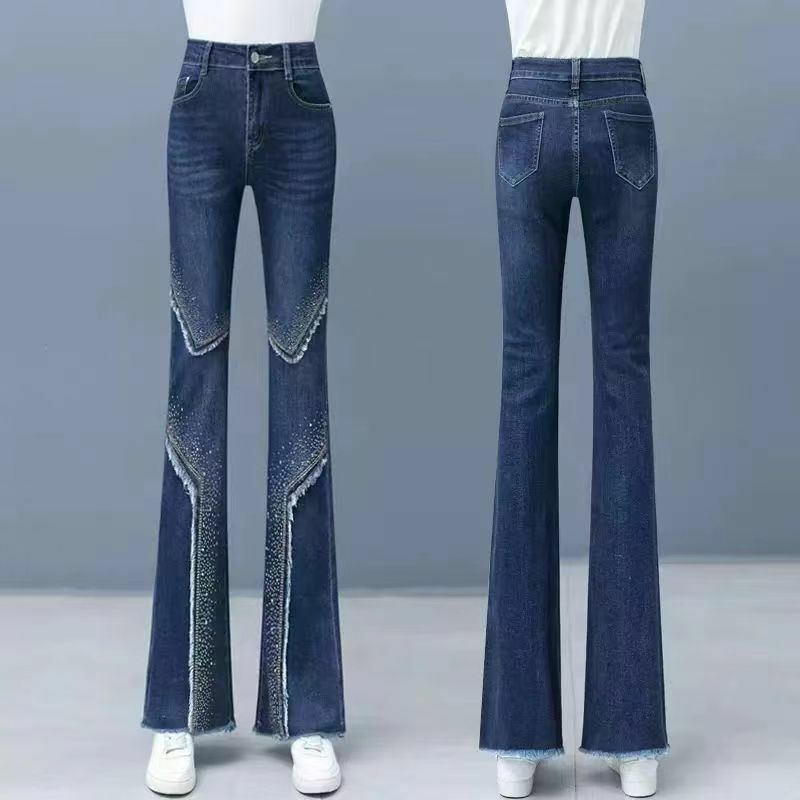 กางเกงยีนส์ขาบานสำหรับสาวออฟฟิศลำลอง Y2k MODE KOREA ฤดูใบไม้ผลิฤดูใบไม้ร่วงกางเกงยีนส์ขอบเอวสูงเพรียวบาง