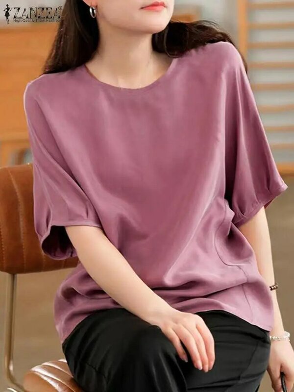 Koreańska koszule z okrągłym dekoltem ZANZEA luźna damska bluzka 2024 lato pół opuszczane ramiona rękaw bluza bluza prosta w jednolitym kolorze tuniki