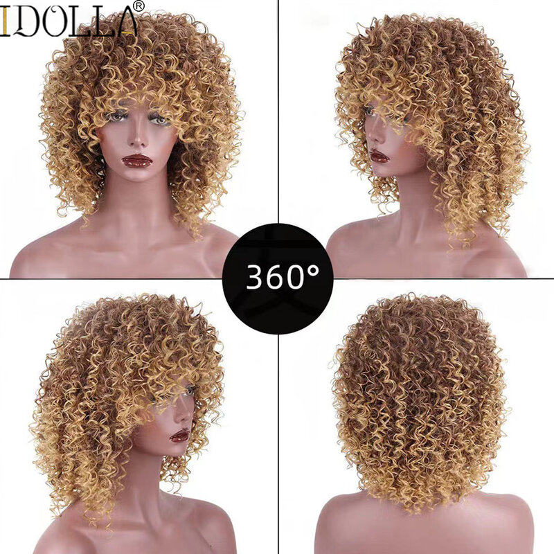 Короткий кудрявый парик блонд Idolla, синтетический афро кудрявый парик с челкой для чернокожих женщин, натуральный парик блонд с Омбре для косплея