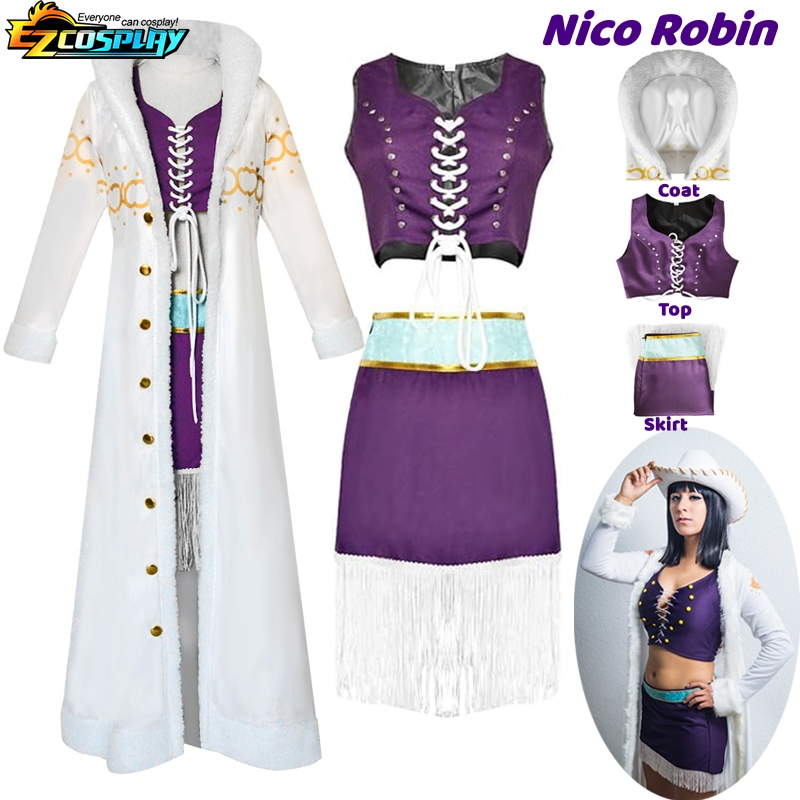 Nico robin ชุดเครื่องแบบชุดหนึ่งชิ้นอนิเมะชุดคอสเพลย์ผู้หญิงสีม่วง, ชุดเสื้อคลุมขนสัตว์สีขาว Punk ฮาโลวีนสำหรับผู้ใหญ่