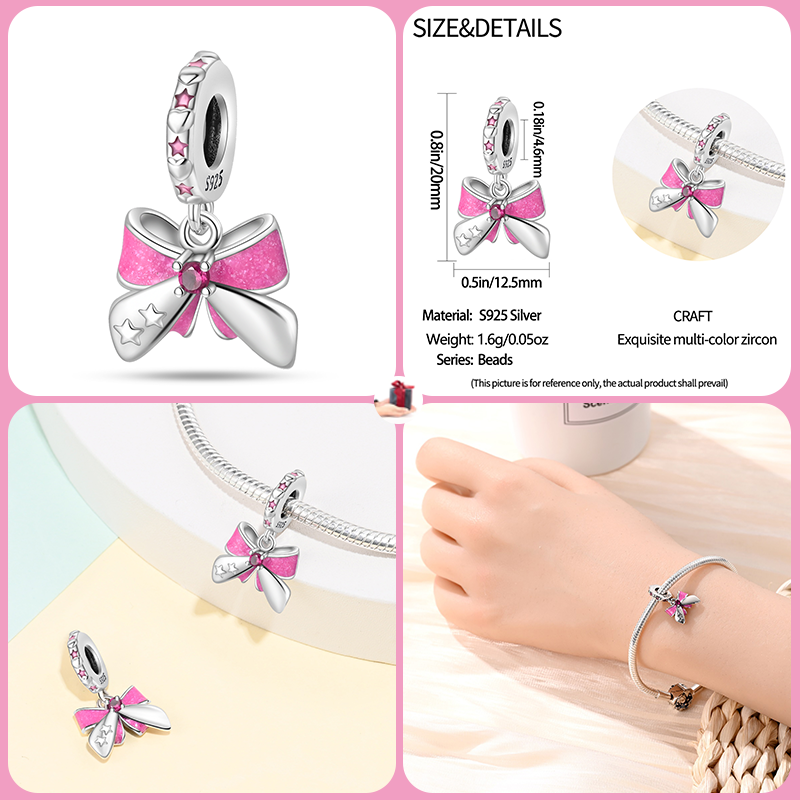 New 925 sterling silver bow star love pink series charm beads suitable for Pandora original bracelet DIY fashion jewelry gift