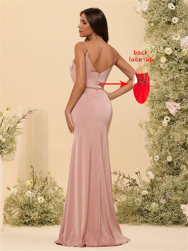 Spaghetti Straps Satin Mermaid Bridesmaid Dresses for Wedding Split Side Pleated Corset Formal Party Sleeveless Long Prom Gowns
