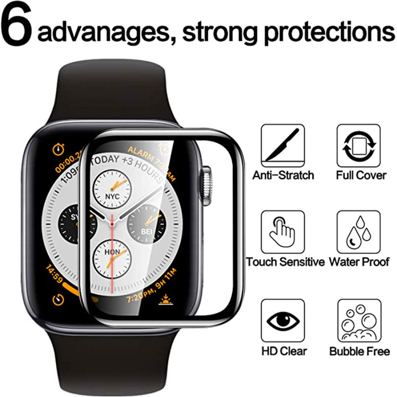 Protector de pantalla de cristal suave para Apple Watch, película completa HD de 44mm, 45mm, 41mm, 38mm, iWatch series 9, 8, 7, 6, 5, 3 se, 40mm, 42mm, 49mm, ultra
