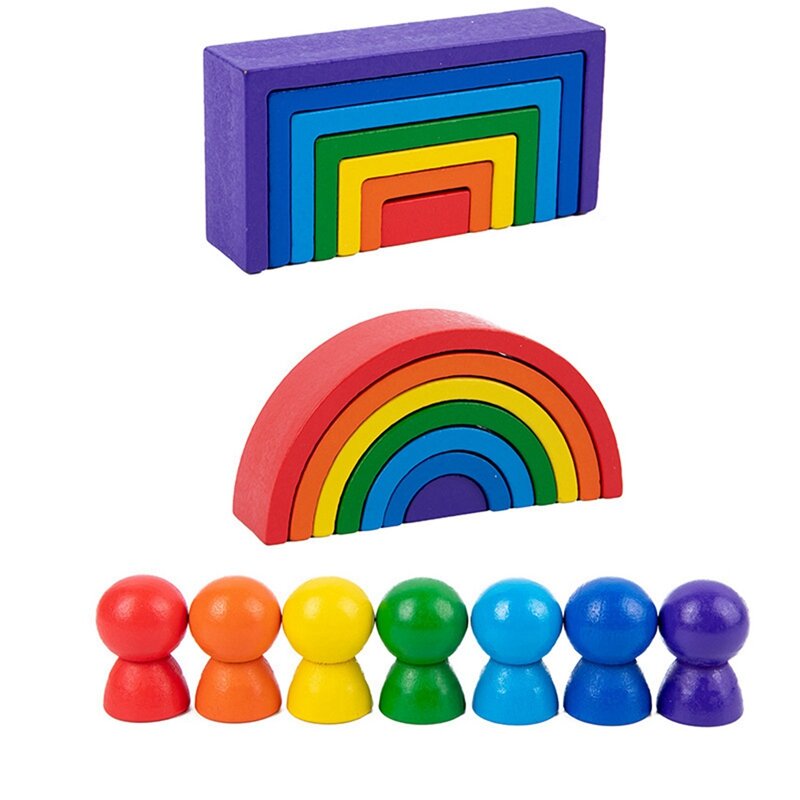 Mainan kayu blok pelangi anak, mainan edukasi pembelajaran dini dengan 21 buah mainan balita kayu