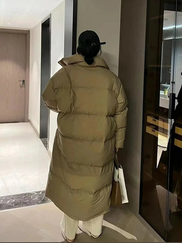 เสื้อโค้ทตัวยาวโอเวอร์ไซส์สำหรับผู้หญิง, แจ็กเก็ตผ้าฝ้ายบุนวม MODE Korea สำหรับฤดูหนาวเสื้อโค้ททำให้ความอบอุ่นแบบลำลอง