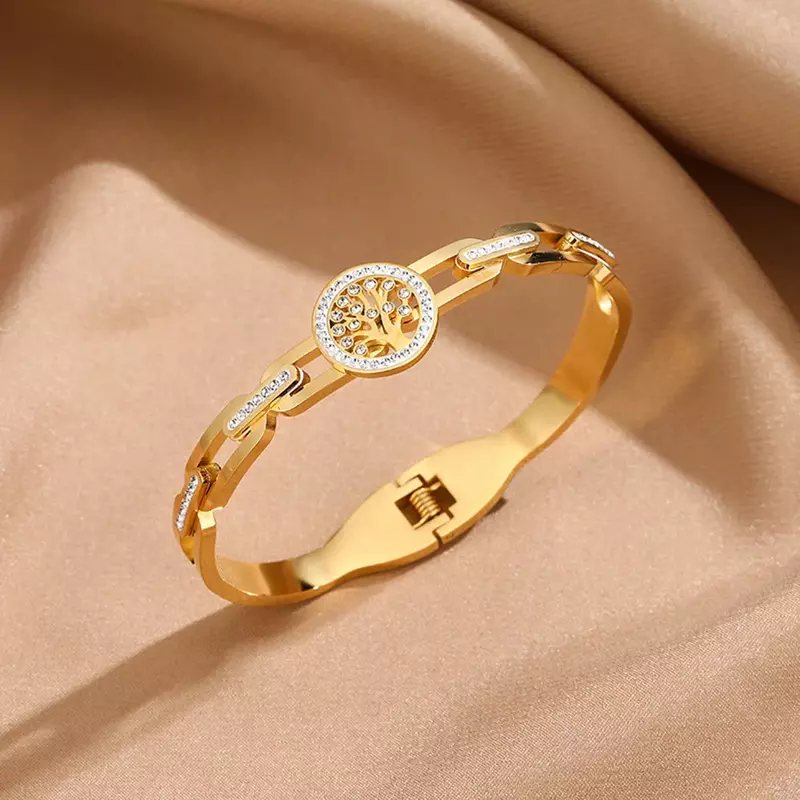 Levensboom RVS Armbanden Voor Vrouwen Statement Inlay Zirkoon Pols Waterdichte Armband Mode Sieraden