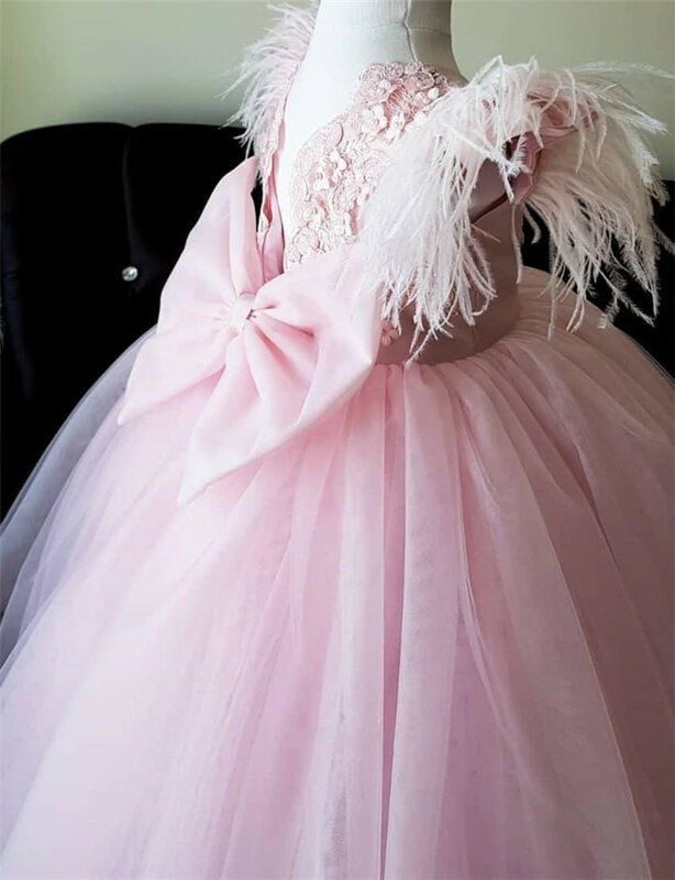 Платья для девочек с розовыми перьями и цветами для свадьбы с курткой с бусинами и бабочкой для конкурса на Первое причастие платье