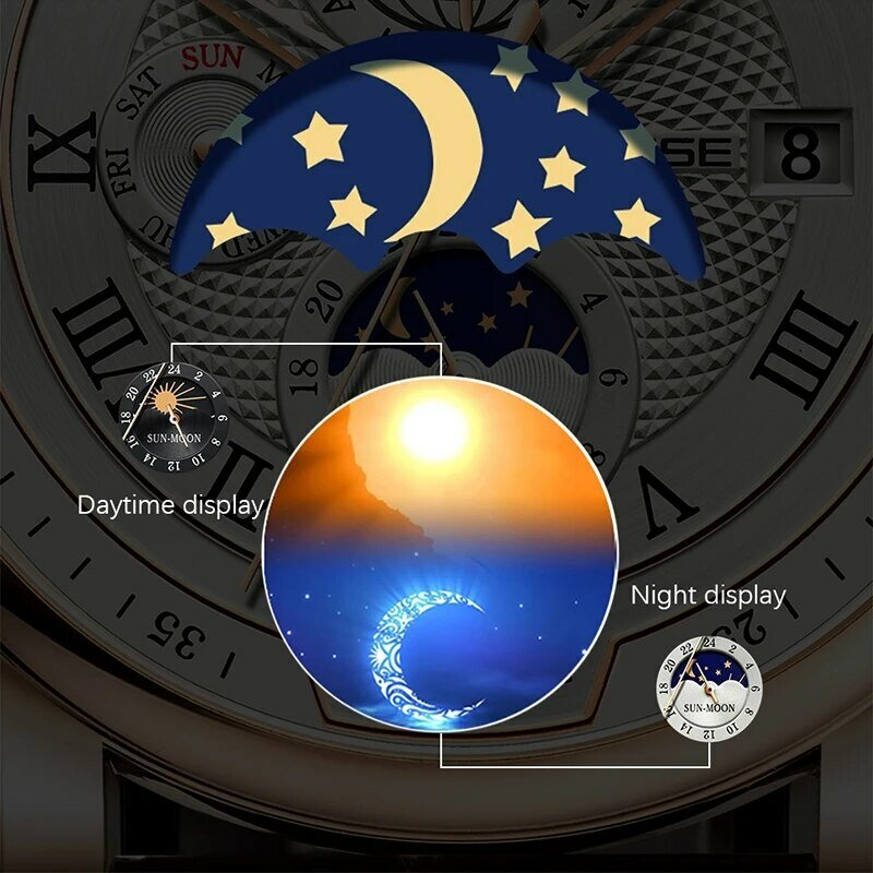 Relógios mecânicos impermeáveis masculinos, relógio de couro de luxo, fase lunar, relógio de pulso automático, marca superior, 2024