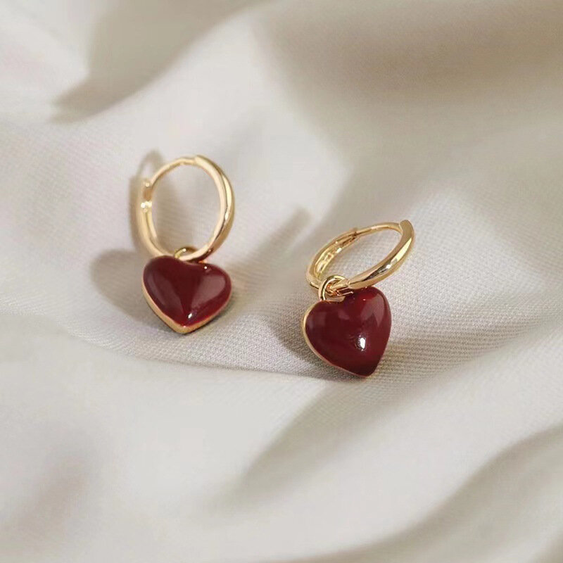 Simple Design Wine Red Love Heart Dangle Earrings for Women Gold Color Circle Vintage Peach Drop Earring Fashion Jewelry