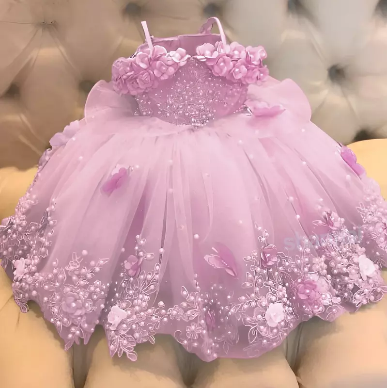 Vestito da neonata personalizzato festa di compleanno con spalle scoperte perle farfalle di pizzo abito da prima comunione infantile abiti da ragazza di fiori