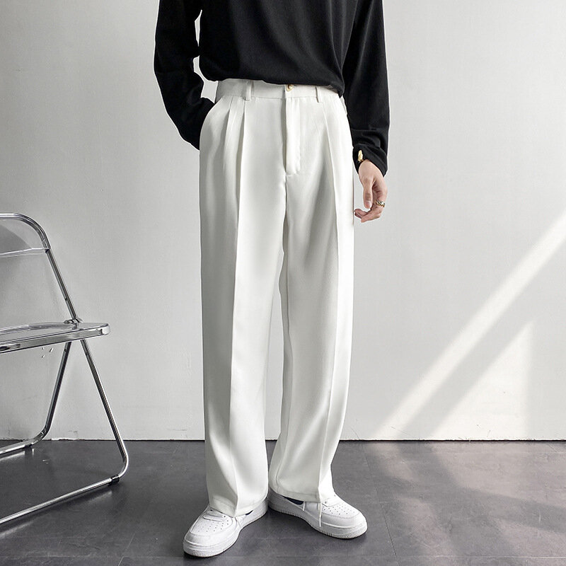 Celana pria lurus tertutup baru mode bisnis Korea longgar kasual putih hitam abu-abu celana panjang kaki lebar pria setelan Blazer celana