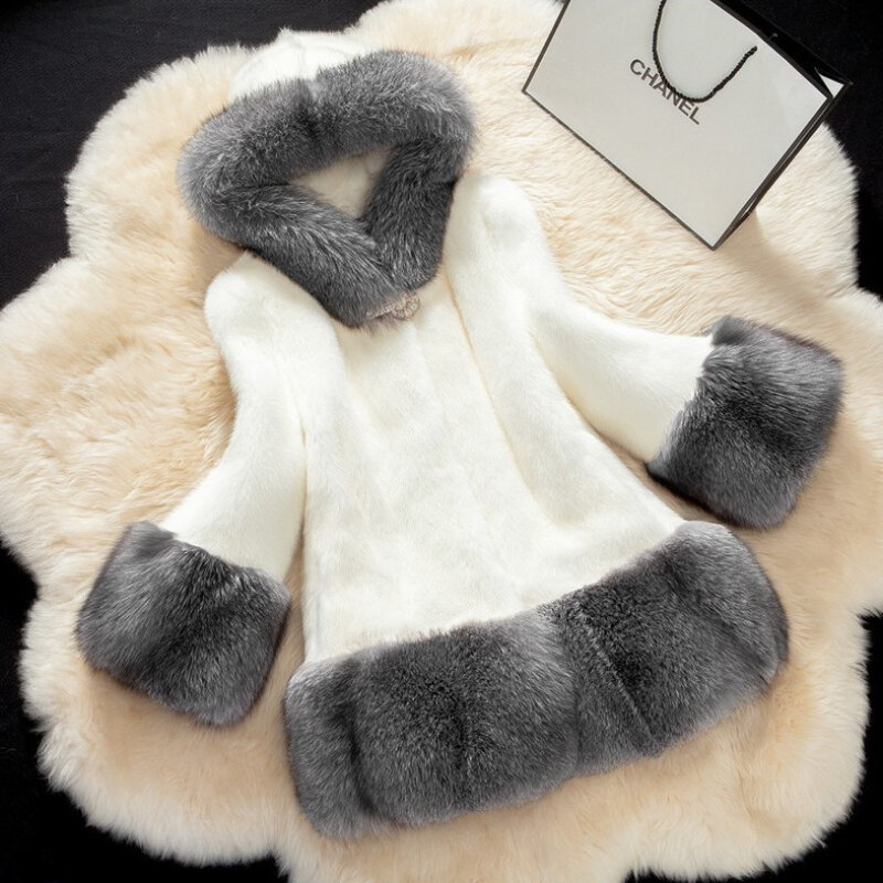 S-5XL Women's Hooded Coat Faux Fur Fox Collar Full Mink Fur Medium Length Autumn Winter Warm Clothes
