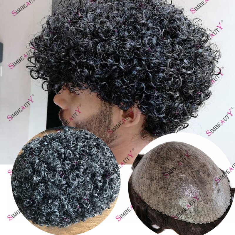 Peluquín Afro rizado para hombre, pelo 100% humano, Base de piel 1B10, gris, PU, sistema capilar de prótesis, color negro azabache, 15mm