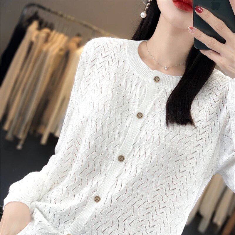 2024 Spring/Summer New Wool Round Neck Knitted Cardigan Women's Loose Long sleeved Sweater Hollow Outwear Bottom Top
