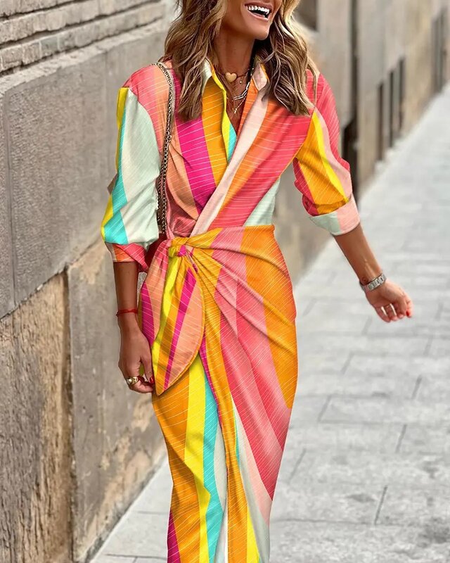 Vestido de fiesta informal a rayas para mujer, traje de longitud media con Cuello de camisa estampado, a la moda, novedad de 2023