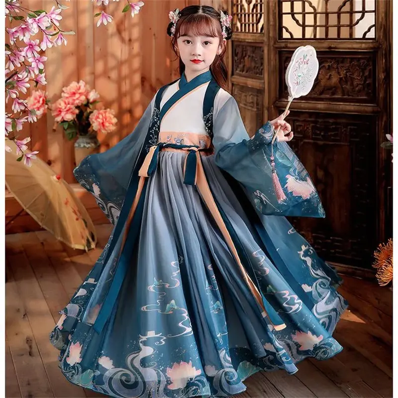 Costume folklorique traditionnel chinois Hanfu pour enfants, vêtements de danse Han pour filles, vêtements de cosplay pour dames, financièrement, robe de princesse des Prairies