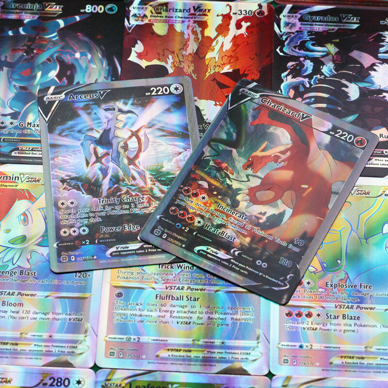 Cartes Pokemon holographiques Vstar Vmax GX en lettres anglaises, avec arc-en-ciel Arceus brillant Charizard cadeau pour enfants ASTROS Brillantes