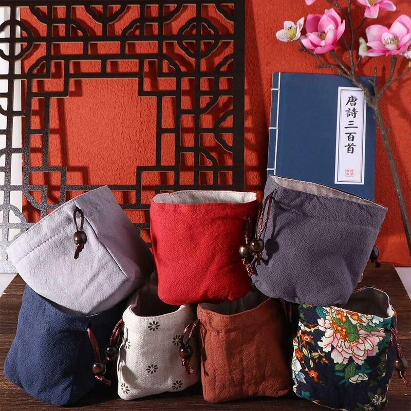 Borsa portaoggetti tasca con coulisse borsa piccola borsa in cotone e lino borsa da tè strumenti per il tè borsa da tè tascabile con pacchetto di Teaware