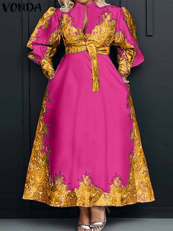 Plus Size 5XL VONDA Elegant Printed Dress Women Long Sleeve Belted Bohemian Maxi Long Sundress Buttons Vintage Casual Robe Femme