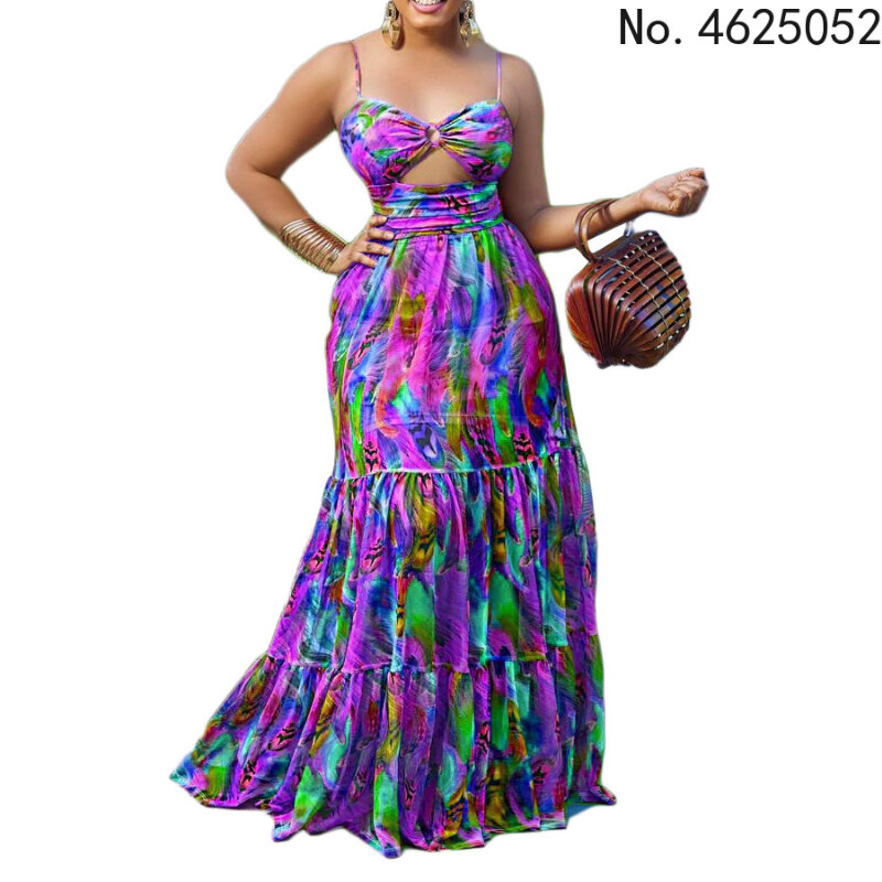 女性のノースリーブプリントポリエステルロングドレス,アフリカの服,夏,セクシー,S-3XL