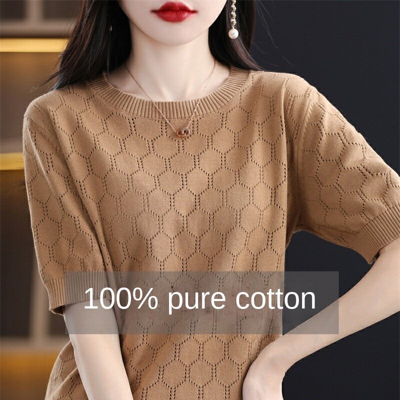 T-shirt en tricot de fil de coton pour femmes, vêtements d'extérieur respirants, haut court évidé, grande taille, 100% coton, nouveau, été