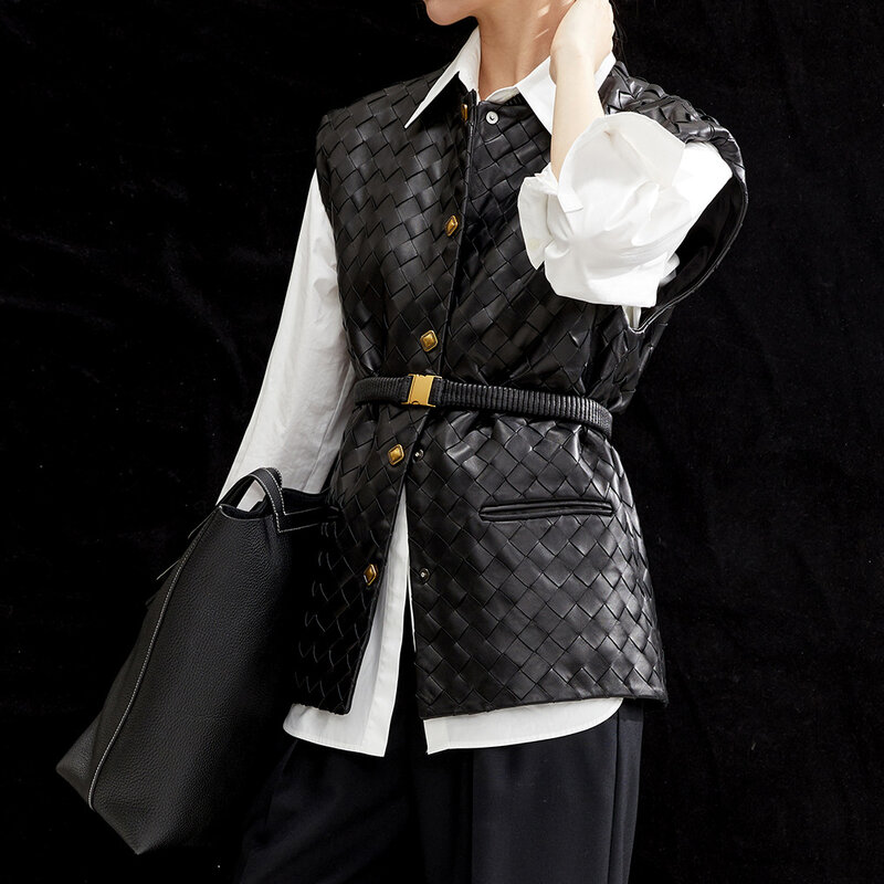 2022 Autumn Brand New Designer Women's High Quality OL Sheepskin Leather Jackets Genuine-Leather Elegant Waistcoat C444