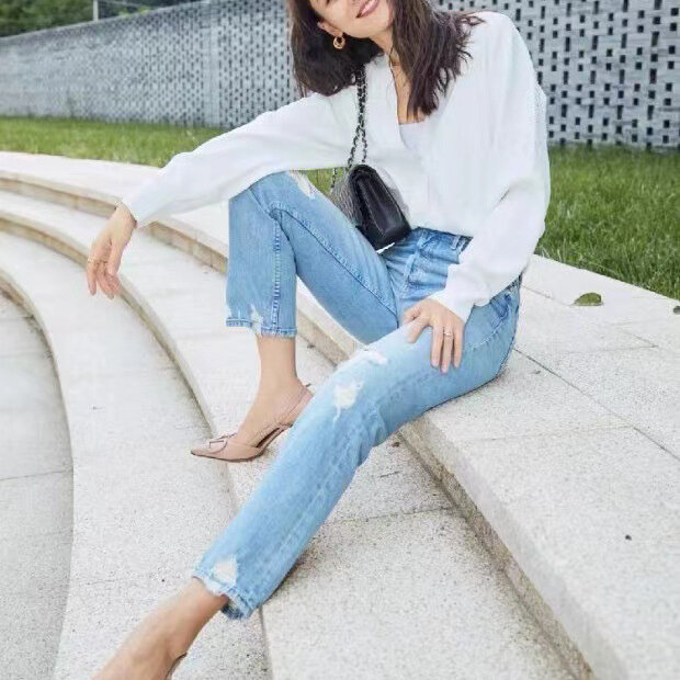 Damska jeansy Retro z wysokim stanem w trudnej sytuacji casual fashion spodnie dżinsowe do kostek 2023 nowość