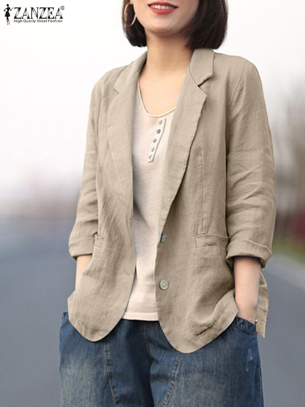 ZANZEA-blazer feminino de manga comprida com lapela, camisa elegante de trabalho OL, jaquetas soltas vintage, moda feminina, cor sólida, 2023