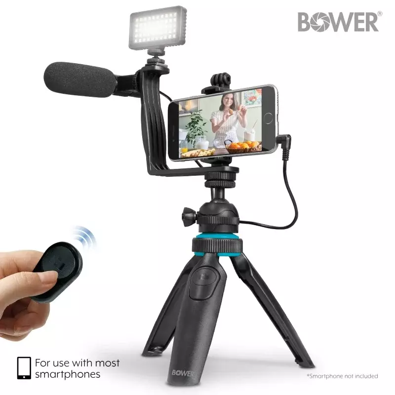 Bower ultimate vlogger kit with 50 LED light, HD microphone, bracket, phone/action camera mount, shutter, and tripod