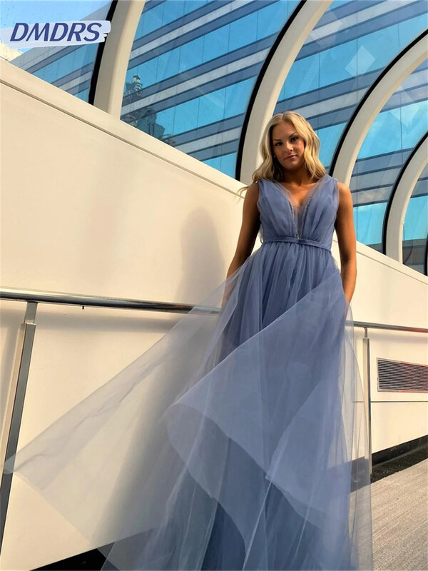 Klassische Tüll kleider sexy tiefes Abendkleid mit V-Ausschnitt elegantes ärmelloses A-Linie boden langes Kleid vestidos de novia