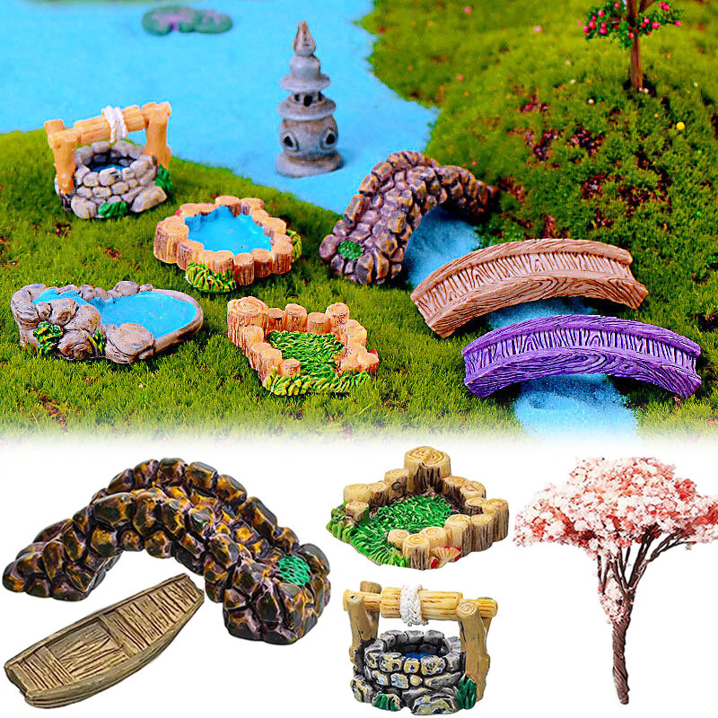 Accesorios de jardín de hadas de paisaje en miniatura, Mini Faro, puente de pozo de agua, adorno de cabaña, decoración de jardín en miniatura DIY