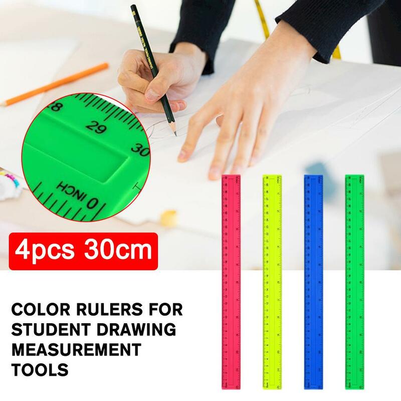 Penggaris plastik bening warna 4 buah, alat pengukur penggaris standar/metrik 30cm, peralatan alat tulis kantor sekolah pelajar kreatif