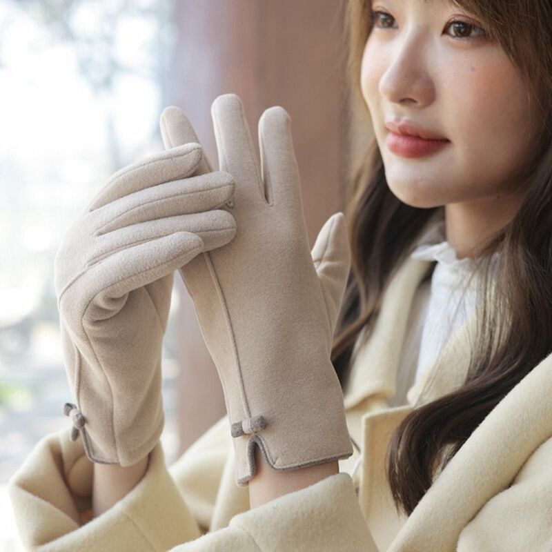 Милые однотонные зимние перчатки, шерстяные варежки с бантом, бархатные перчатки с закрытыми пальцами, женские перчатки, плюшевые перчатки, перчатки для сенсорного экрана