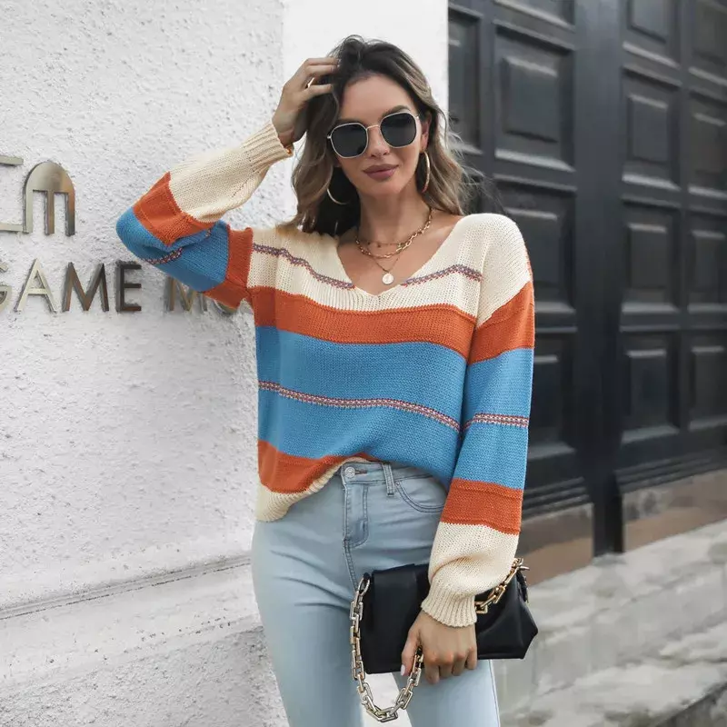 Striped Contrast V-neck Long Sleeve Knitted Sweater for Women's Loose Autumn and Winter Women's Sweater New Style Kint Tops