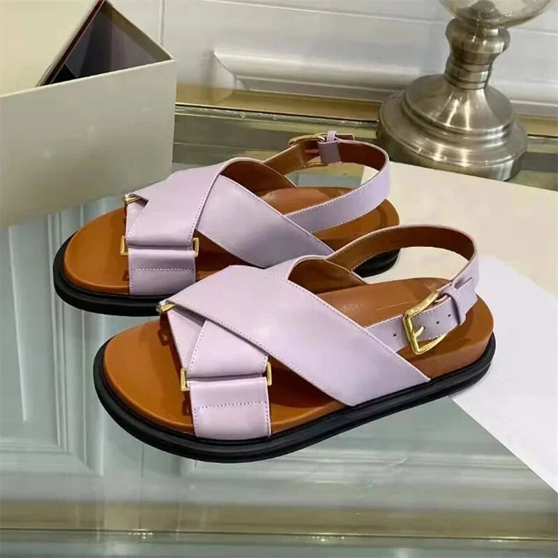 Open-toe Regulating Belt Bohemian Thick Sole Genuine Leather Cross Strap Beach Shoes Female Flat Sandalias Summer Women Sandals