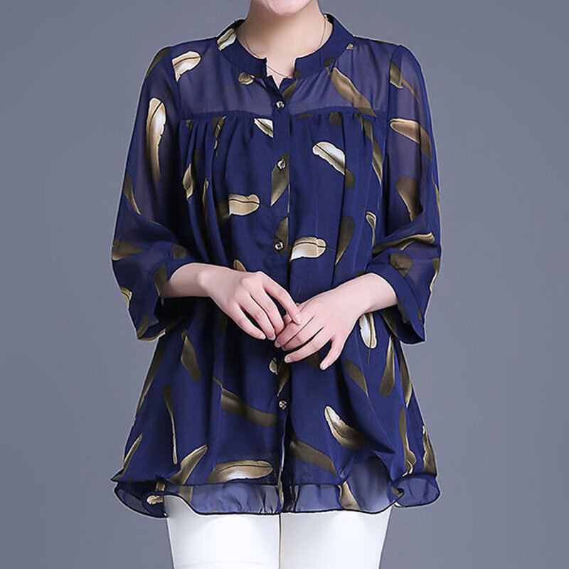 Женская Повседневная шифоновая блузка с принтом и рукавом 3/4, летняя модная новинка, однобортные тонкие свободные пуловеры, рубашка, женская одежда