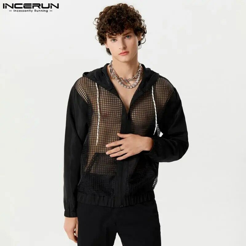 INCERUN Tops 2024 Sexy Men's Grid See-through Mesh Patchwork Shirts Male Hooded Drawstring Thin Long Sleeved Zipper Blouse S-5XL