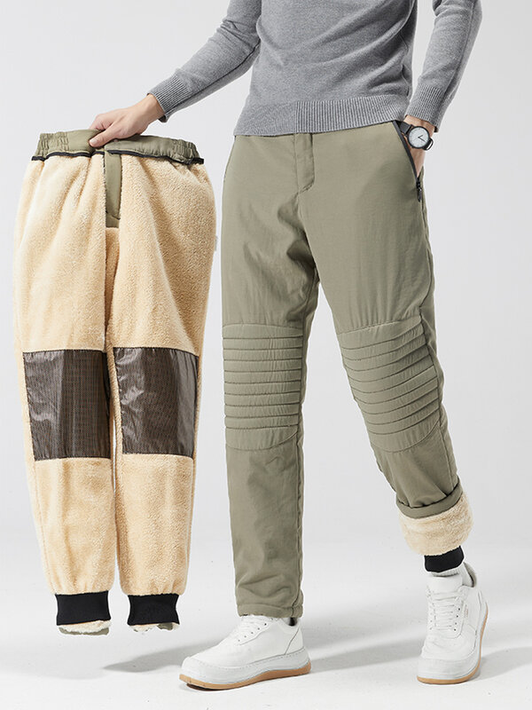Calça térmica de lã grossa masculina com bolsos com zíper, tecido de grafeno quente, calça reta de joelho casual masculina, inverno, nova, 2023