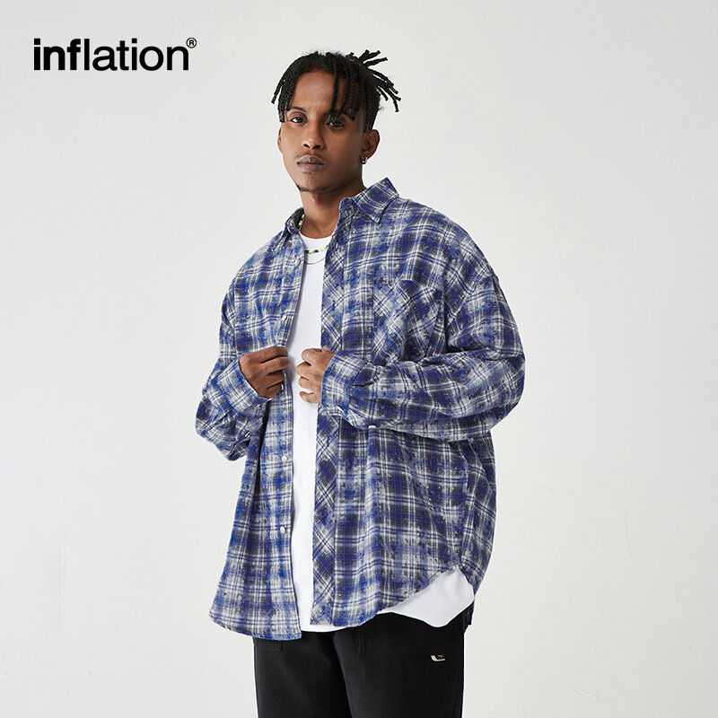 INFLATION 브러쉬 체크 셔츠 남성용, 블루, 체크무늬, 긴 소매, 오버사이즈, 플러스 사이즈