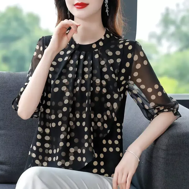 여성 라운드넥 폴카 도트 쉬폰 셔츠, 캐주얼 한국 스플라이스 반팔 블라우스, 출퇴근 패션, 여름 신상
